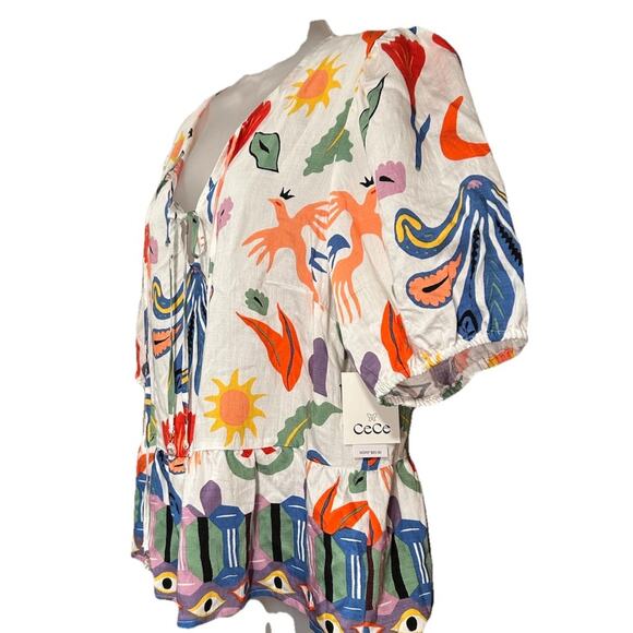 NEW CeCe Multi-Color Print Puff Sleeve V-Neck Tie Front Peplum Blouse Size Large - Picture 3 of 10